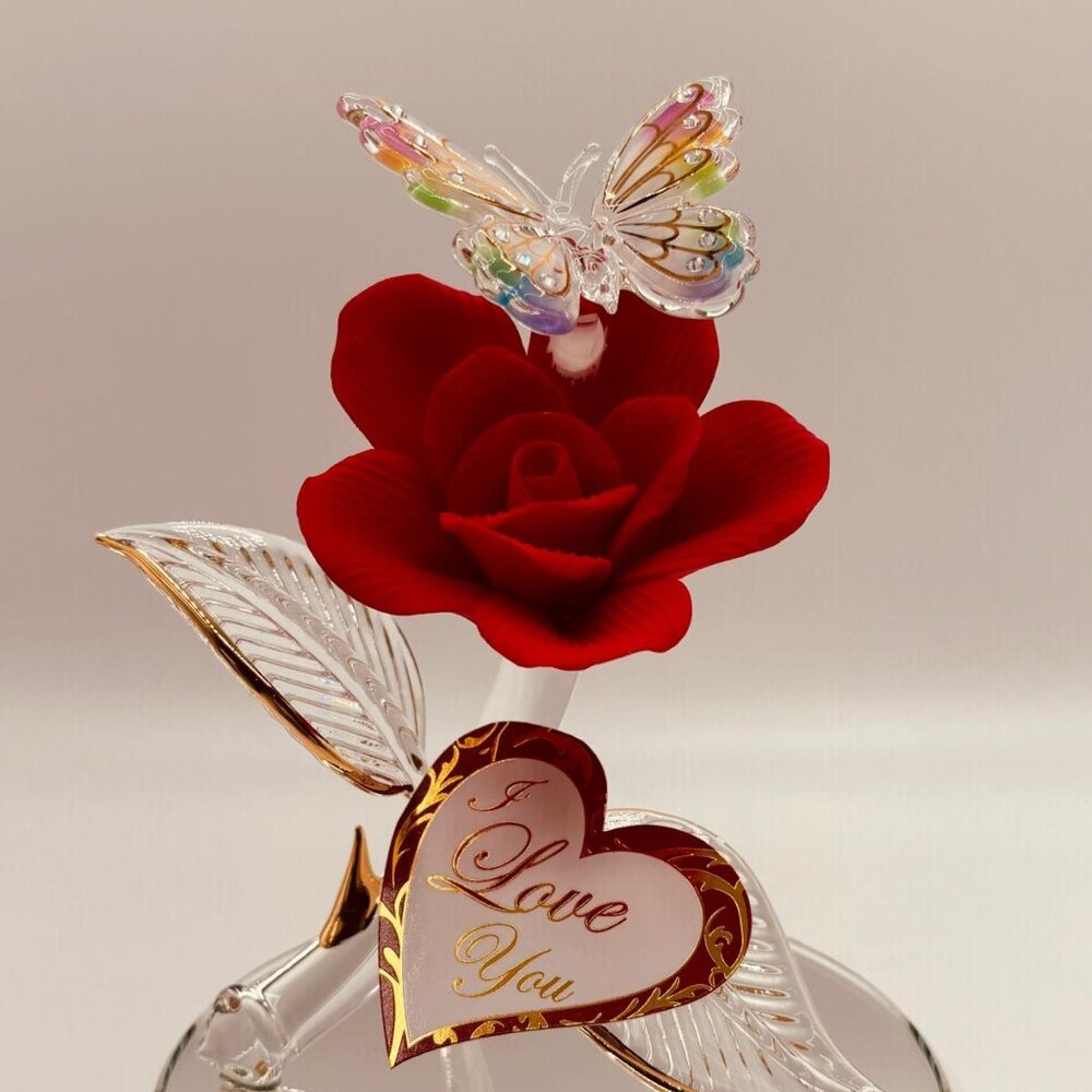 I Love You Butterfly on Red Rose Glass Figurine Romantic Gift Decor